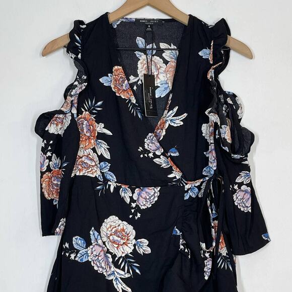 NEW Romeo & Juliet Couture Black Floral Faux Wrap Mini Dress S Cold Shoulder - Picture 4 of 10
